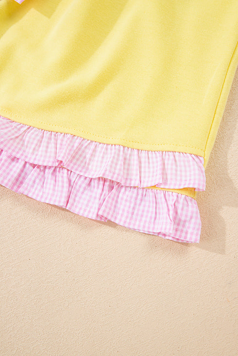 Plaid Ruffle Patchwork Drop Shoulder Pullover And Drawstring Waist Shorts Short Set